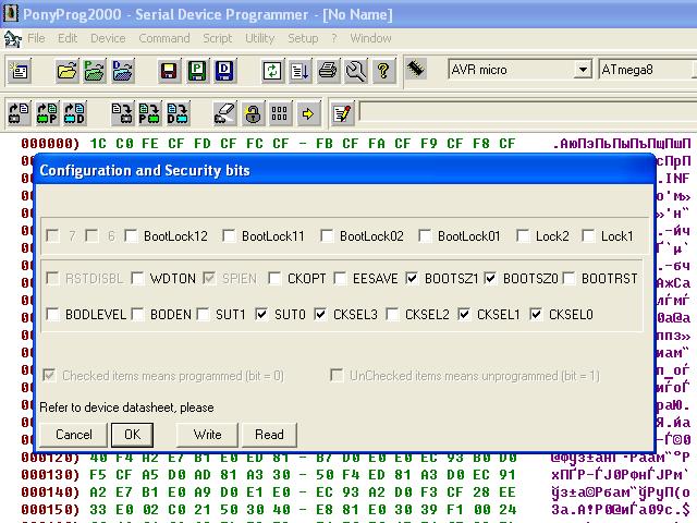 Панель программирования конфигурационных и защитных битов