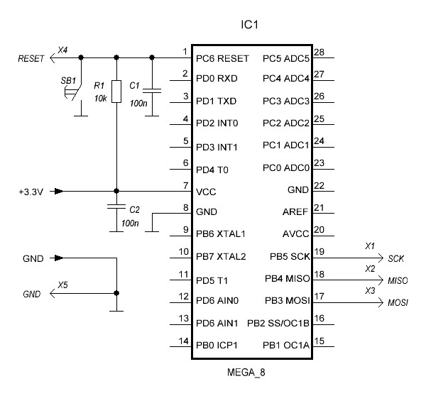 Схема подключения МК к программатору